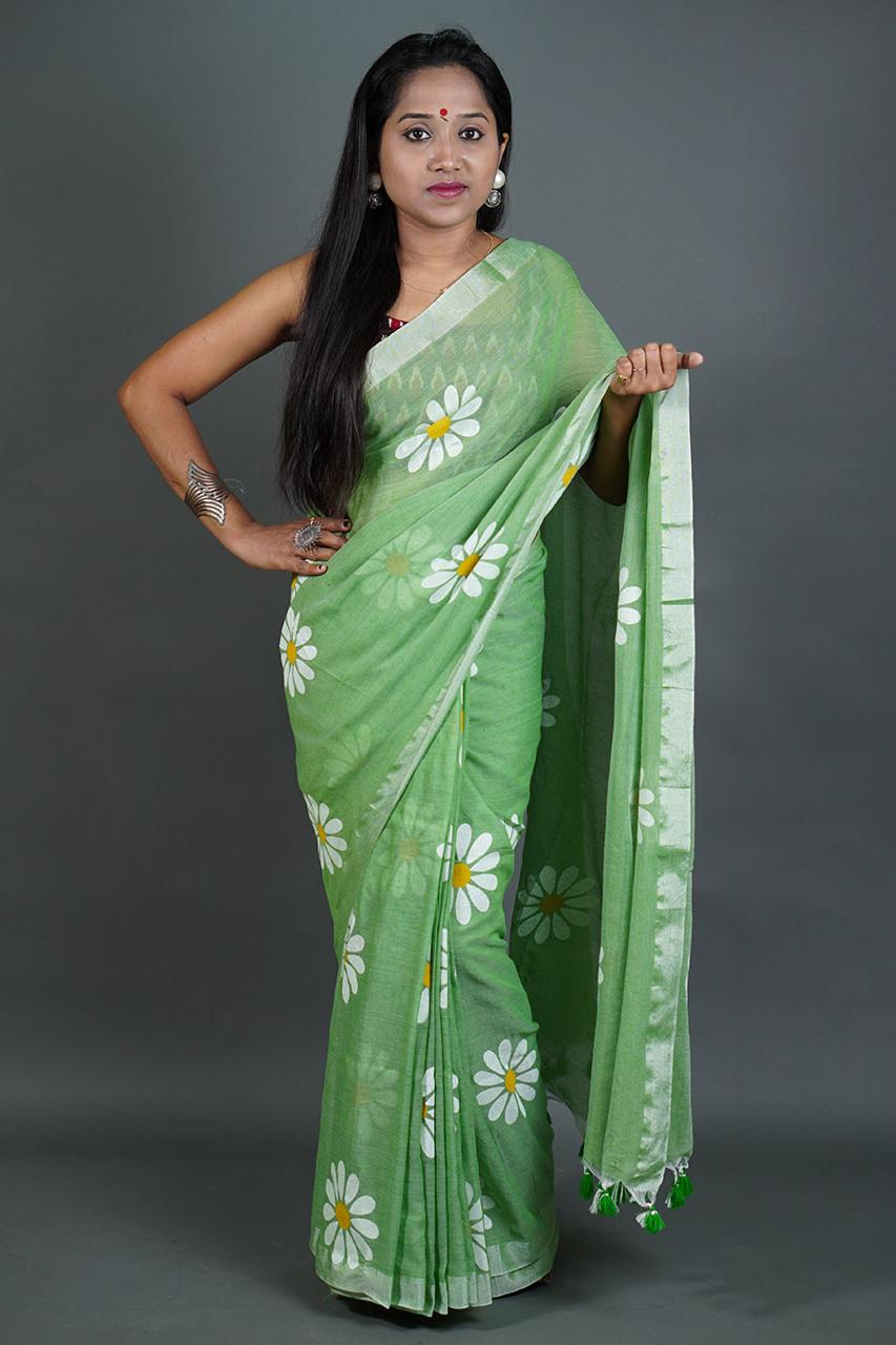 Pure Khadi Cotton Saree with Sunflower Print and Running Blouse Piece – Elegant Handloom Look-pista-green