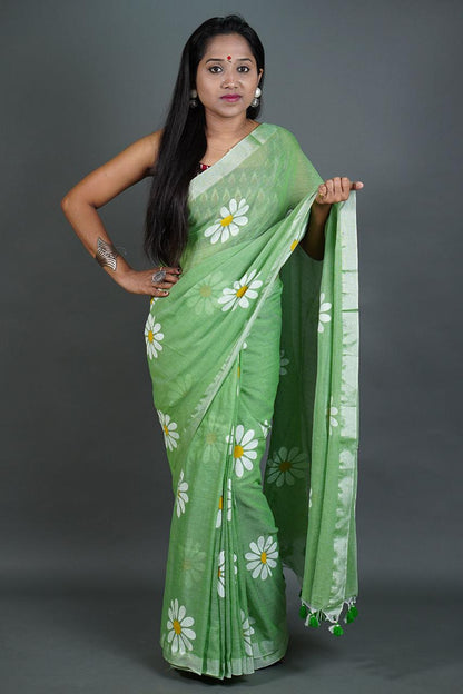 Pure Khadi Cotton Saree with Sunflower Print and Running Blouse Piece – Elegant Handloom Look-pista-green