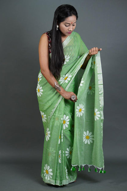 Pure Khadi Cotton Saree with Sunflower Print and Running Blouse Piece – Elegant Handloom Look-green-pista