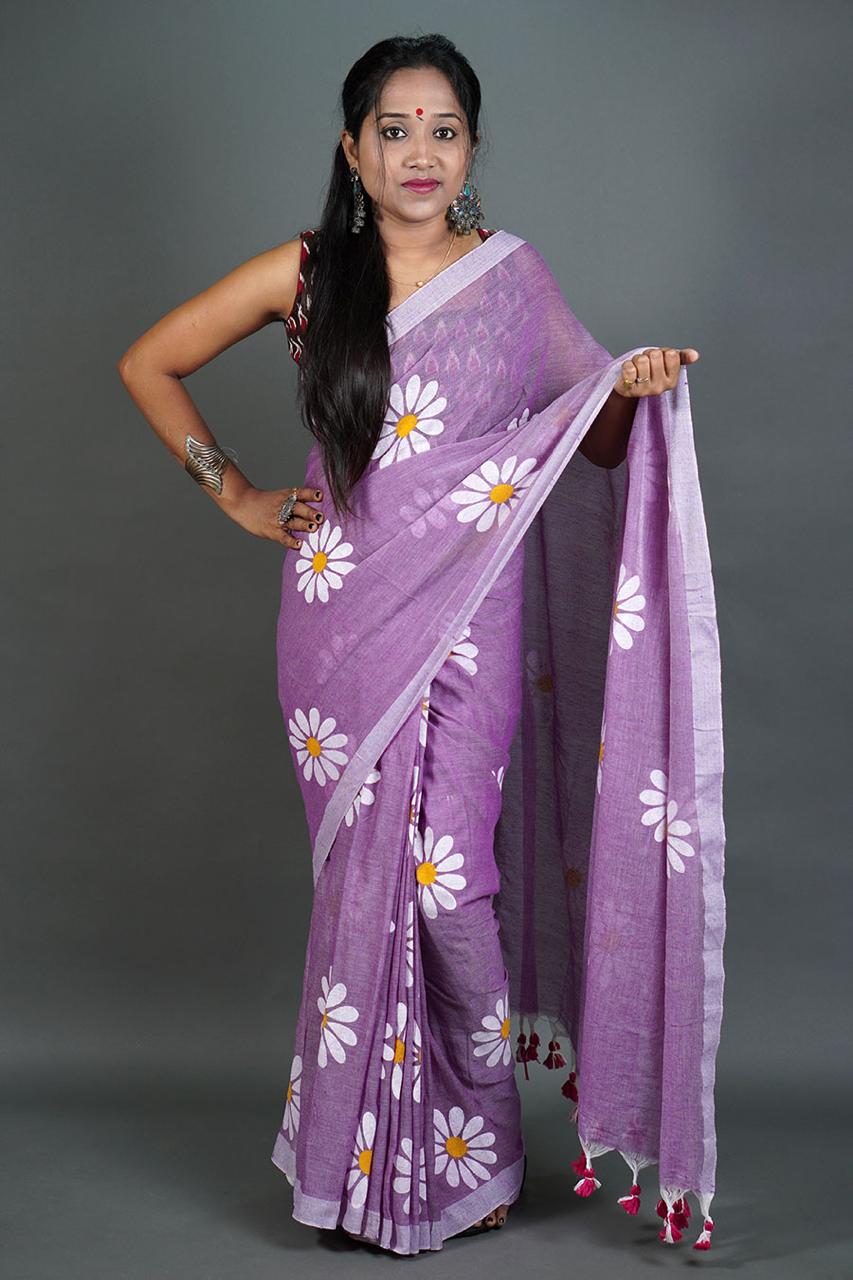 Pure Khadi Cotton Saree with Sunflower Print and Running Blouse Piece – Elegant Handloom Look-dark-lavander