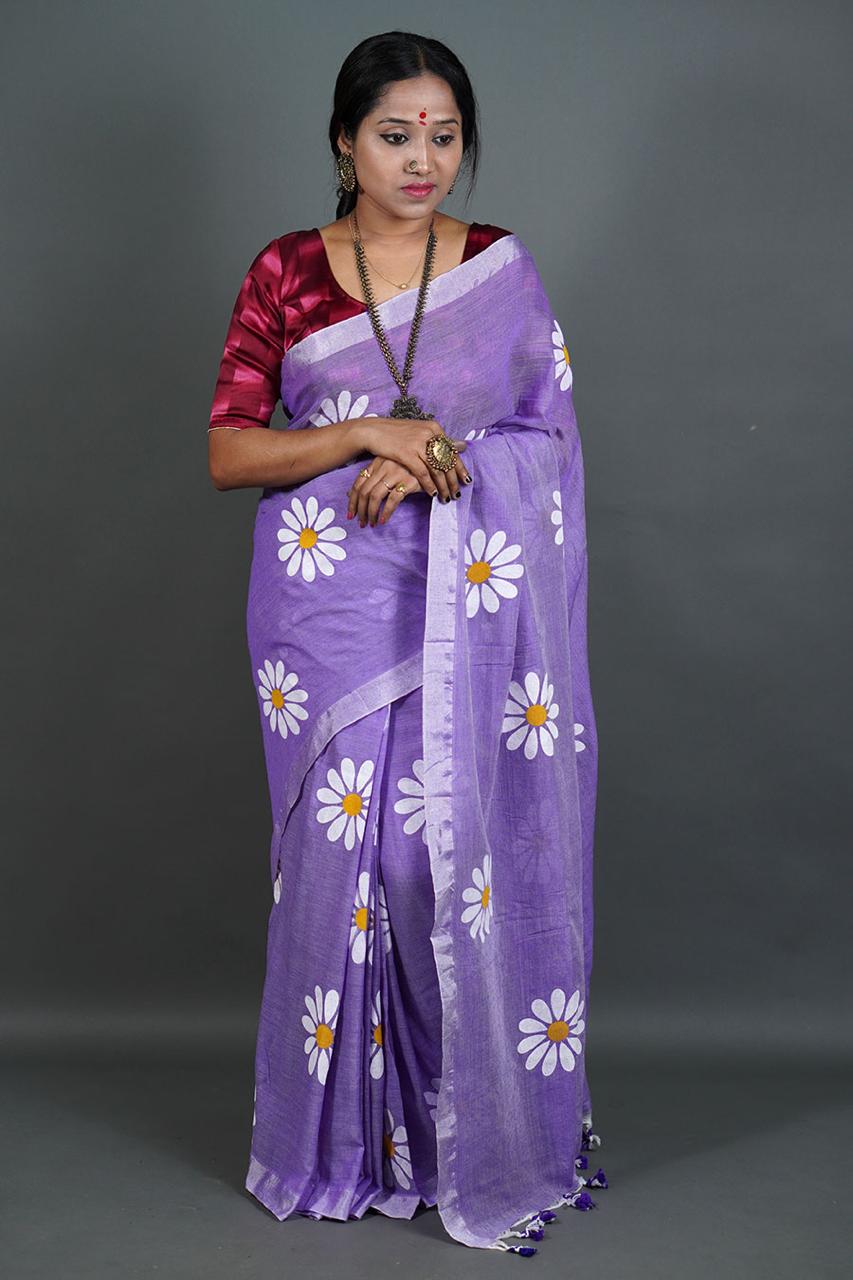 Pure Khadi Cotton Saree with Sunflower Print and Running Blouse Piece – Elegant Handloom Look-bright-lavender