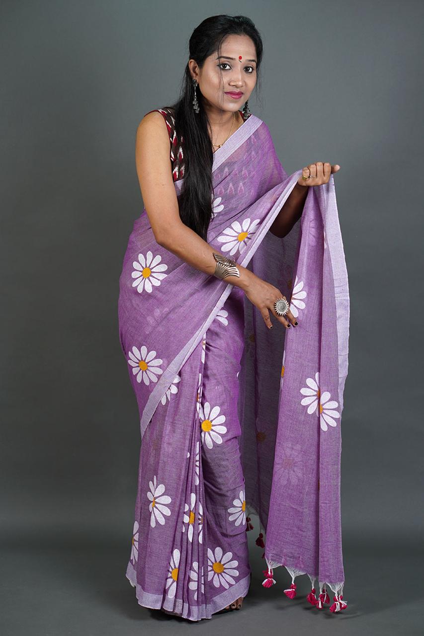 Pure Khadi Cotton Saree with Sunflower Print and Running Blouse Piece – Elegant Handloom Look-dark-lavender