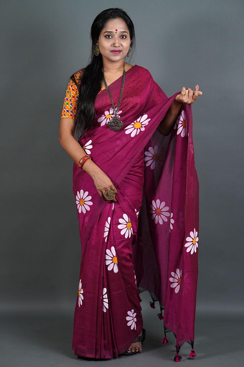 Pure Khadi Cotton Saree with Sunflower Print and Running Blouse Piece – Elegant Handloom Look-maroon