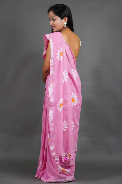 Pure Khadi Cotton Saree with Sunflower Print and Running Blouse Piece – Elegant Handloom Look-baby-pink