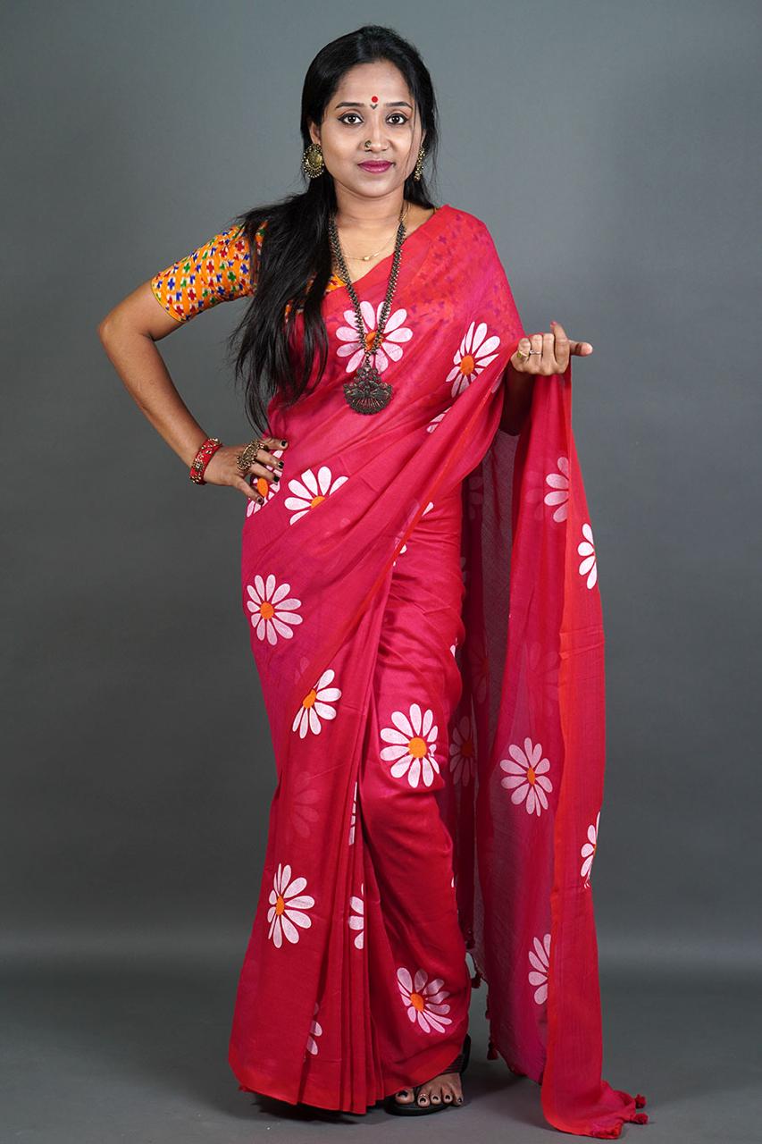 Pure Khadi Cotton Saree with Sunflower Print and Running Blouse Piece – Elegant Handloom Look-red