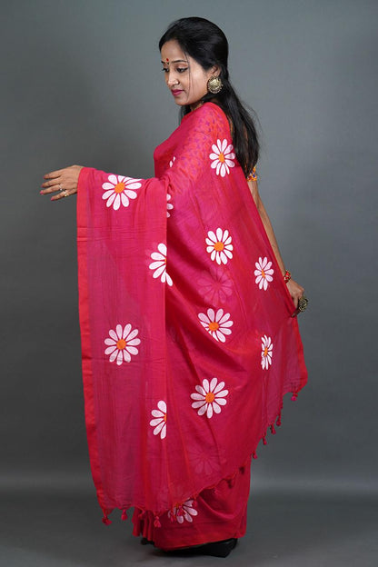 Pure Khadi Cotton Saree with Sunflower Print and Running Blouse Piece – Elegant Handloom Look-reddish