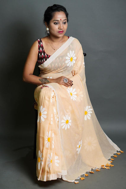 Pure Khadi Cotton Saree with Sunflower Print and Running Blouse Piece – Elegant Handloom Look-sandle