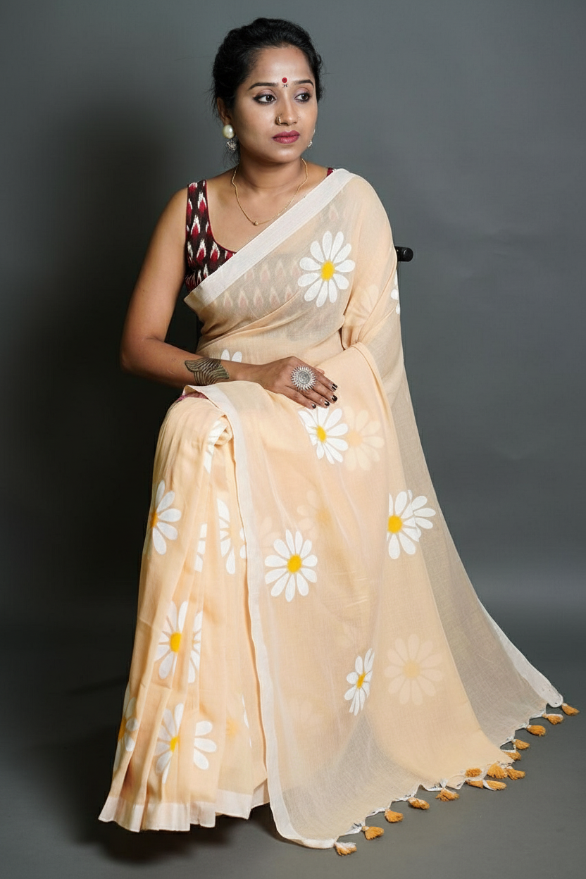 Woman wearing a beige saree with white floral patterns on a gray background