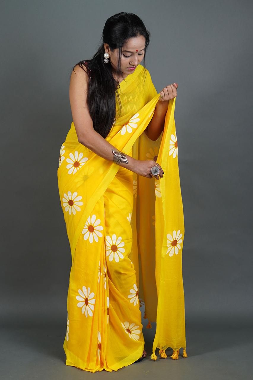 Pure Khadi Cotton Saree with Sunflower Print and Running Blouse Piece – Elegant Handloom Look-yellow