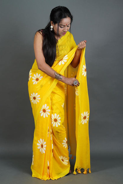 Pure Khadi Cotton Saree with Sunflower Print and Running Blouse Piece – Elegant Handloom Look-yellow