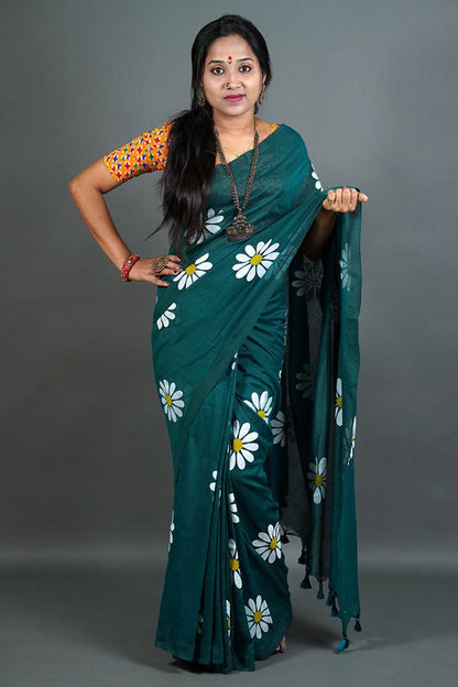 Pure Khadi Cotton Saree with Sunflower Print and Running Blouse Piece – Elegant Handloom Look-green-ramar