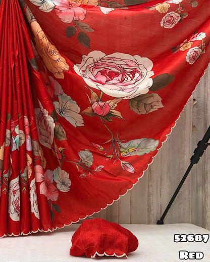 Handloom Tussar Silk Floral Digital Print Saree with Embroidery – Red Front View