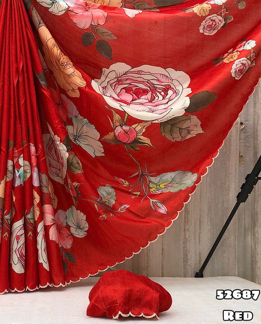 Handloom Tussar Silk Floral Digital Print Saree with Embroidery – Red Front View